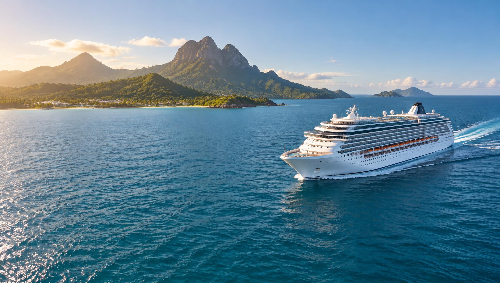 Cruise ship sailing through a tropical ocean
